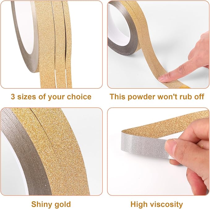 Zonon 3 Sizes Glitter Gold Self Adhesive Polyester Film Tape Washi Tape for Car Furniture Graphic Arts Walls Decor, 55 yds(5/10/15mm)