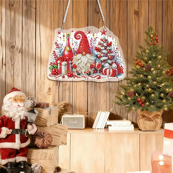 EMIEAUFG Christmas Diamond Art Hanging Kit for Adult, Christmas Gnome Diamond Art Pendants, Double Sided Acrylic & 5D Special Shaped Rhinestone, DIY Ornament for Window Home Wall Decor