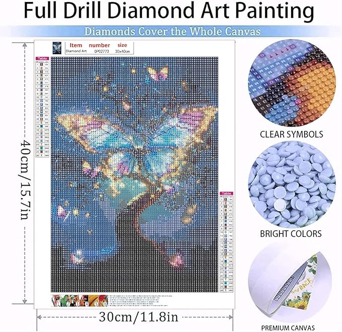 WUDWL Diamond Art Kits for Adults, Butterfly-Tree of Life DIY Modern Diamond Painting Kits 5D Diamond Dots Gem Art Crafts with Tools, Round Full Drill Crafts for Home Wall Decor&Gift-12x16in