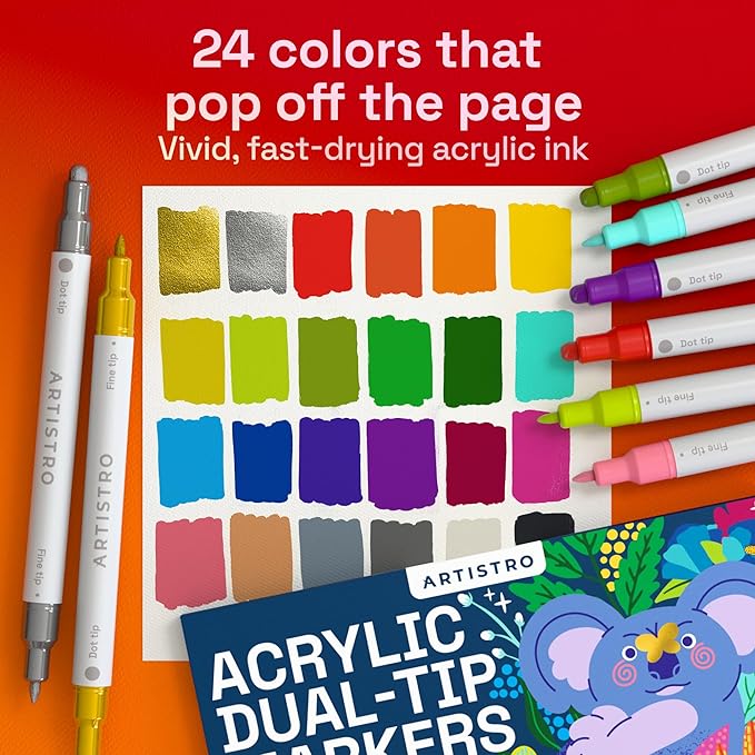 ARTISTRO 24 Acrylic Paint Markers for Rock, Fabric, Wood, Glass, Eggs - Dual-Tip Paint Pens for Coloring Books for Adults, Teens, Kids - Art & Craft Supplies - Gift Idea - Easter Basket Stuffers