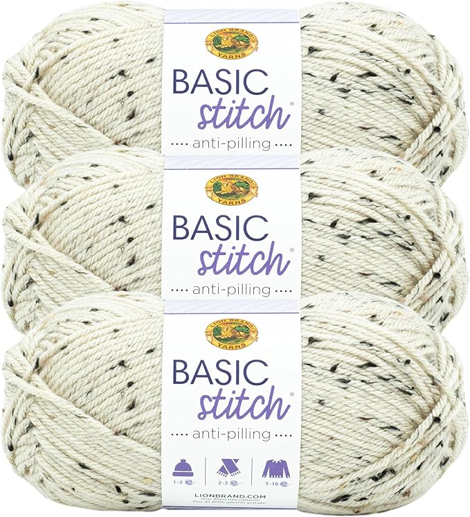 Lion Brand Yarn Basic Stitch Anti-Pilling Yarn for Crocheting, Knitting, and Crafts, Almond Tweed, 3 Pack