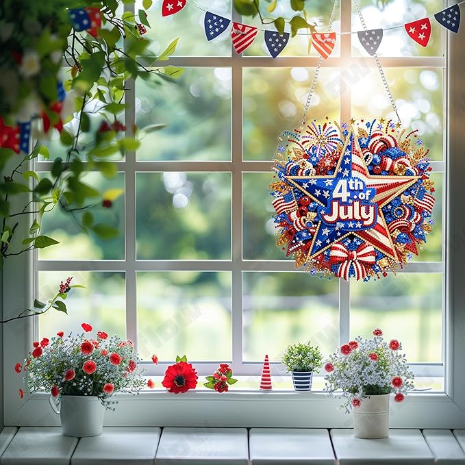 Eiflow Acrylic Diamond Art Hanging Kit for Adults, DIY Diamonds Painting Door Hanging Board Kit, Special Crystal Diamond Art Painting Pendant Ornament (4th of July Wreath)