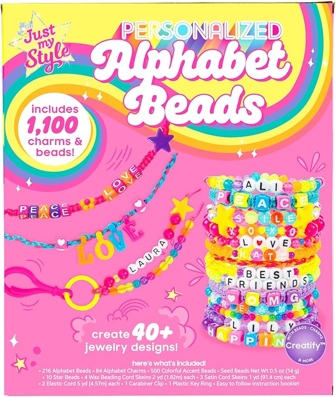 Just My Style ABC Beads by Horizon Group Usa, 1000+ Charms & Beads, Alphabet Charms, Accent Seed Star Wax Beading Cord, Satin Cord Key Ring Included, Bright, Small