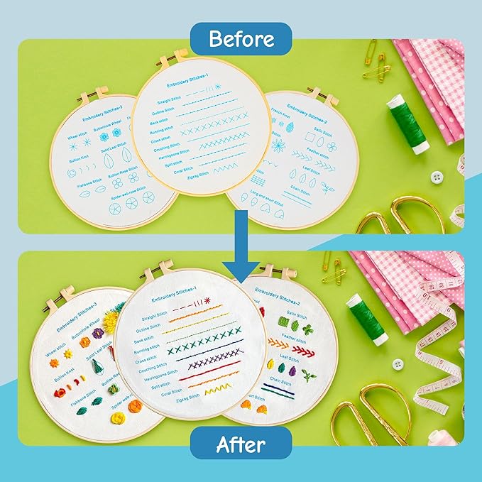Beginner Embroidery Kit – Learn 28 Stitches – DIY Embroidery Set with 3 Hoops, Stamped Patterns, Needles, Scissors, Thread – Complete Cross Stitch Kit for Adults, Teens, Beginners & Crafters