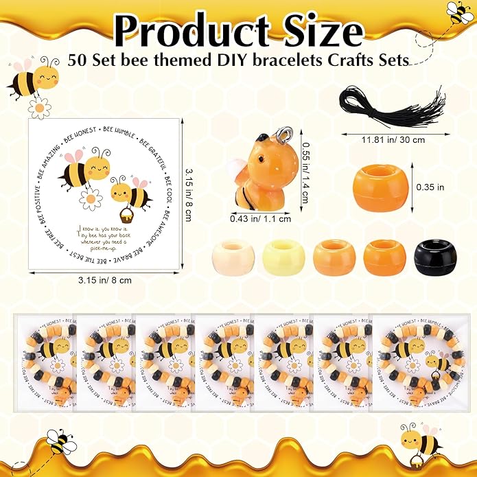 Highergo 50 Set Motivational Bee Themed Gifts Bee Bracelet Beads DIY Craft Kit with Inspirational Cards and Bags for Teacher Bee Party Favors