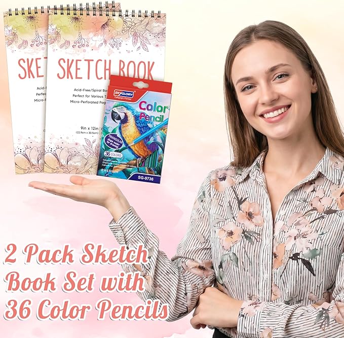 2 Pack Sketch Book with 36 Color Pencil Set, Spiral Sketchbook for Drawing (68lb/100gsm), Acid-Free Sketch Pad for Artist(9×12 inch), Art Paper Drawing Supplies for Gifts (Petal Theme)