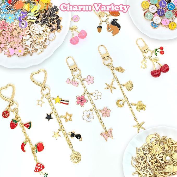 526Pcs Charms Lip Gloss Keychain Making Kit, DIY Keychain Supplies with 200 Charms, 28 Clasps, Jump Rings, Chain, Jewelry Plier, Hole Punch, Bag Charm Kit, Jewelry Making Kit for Crafting Keychains
