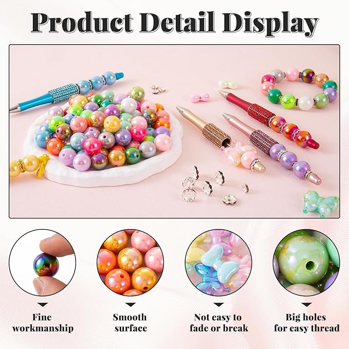 289 Pcs Beads for Pens, 16mm Acrylic Beads, Rainbow Color Pen Bead, Bubblegum Bead for Jewely Making, Bracelet, Beadable Pens, Earring