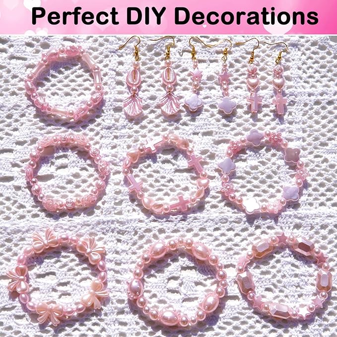 1170 Pcs ABS Imitation Pearl Beads for Jewelry Making, Assorted Heart Star Bowknot Circle Flower Aesthetic Cute Bead for Bracelet Necklaces Earrings Key Chains DIY Phone Charm Crafts (Pink)