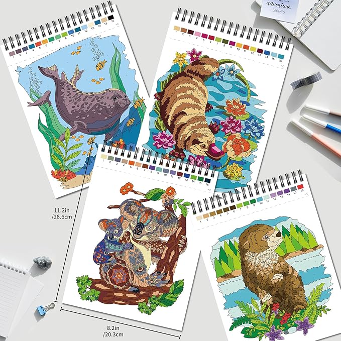 Jadeso Color by Numbers Adult Coloring Book, 30 Pages of Original Animals Patterns, Spiral Bound Coloring Book for Adults Relaxation, Color by Numbers for Adult, Thick Smooth Paper(120gsm)