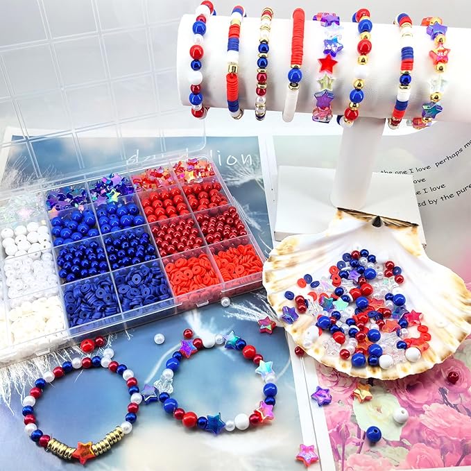 1938Pcs Red White Blue Beads Kit, 4th of July Patriotic Clay Beads Star Beads Round 6mm Pearl Beads for Jewelry Making Independence Day Polymer Clay Beads Heishi Beads for Necklace Bracelets Earrings