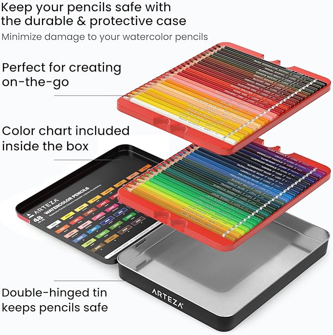 ARTEZA Watercolor Pencils Set of 48 Water-Soluble Colored Pencils for Blending, Layering, Painting, Lightfast Pigments with Soft Cores in Tin Case, Art Supplies for Adults, Artists, Holiday Gift Set