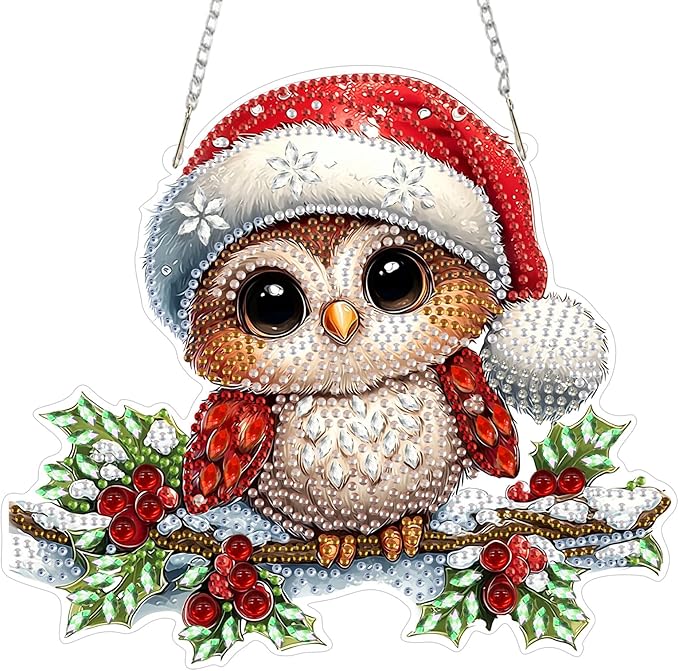 MEIYUDA Christmas Owl Diamond Art Hanging Kits for Adult, Cute Winter Owl Diamond Painting Hanging Kits Ornaments, DIY Special Shaped Rhinestone Window Pendants kit for Home Garden Wall Decor Gift