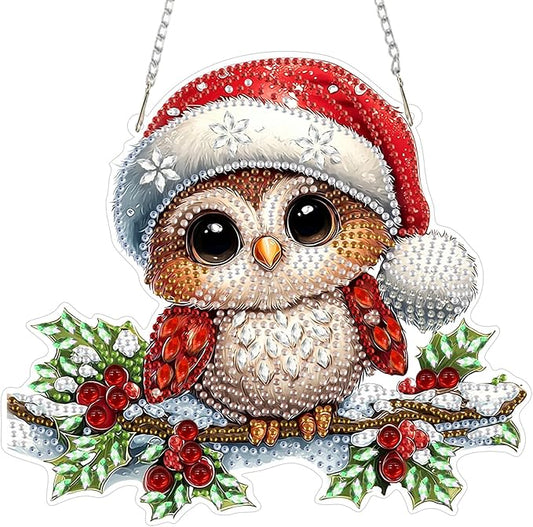 MEIYUDA Christmas Owl Diamond Art Hanging Kits for Adult, Cute Winter Owl Diamond Painting Hanging Kits Ornaments, DIY Special Shaped Rhinestone Window Pendants kit for Home Garden Wall Decor Gift