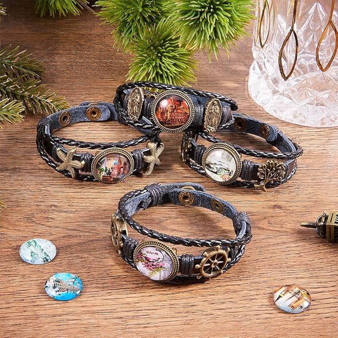 SUNNYCLUE DIY 4 Sets Braided Leather Bracelet Making Kit Multilayer Rope Bangle Cuff Wristband with Blank Alloy Cabochon Bezel Tray, Clear Glass Cabochon 18mm, Button Adjust, Mixed Shapes