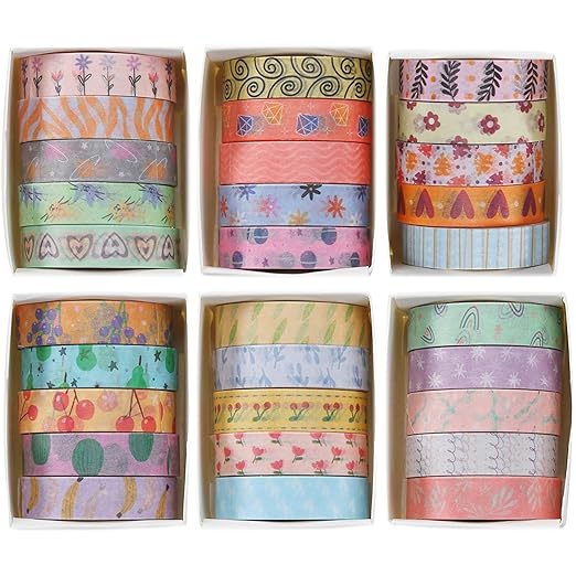 YUBX Basic Washi Tape Set 30 Rolls Cute Patterns Decorative Skinny Slim Masking Tapes for Arts, DIY Crafts, Journals, Planners, Scrapbook, Wrapping (Sweety Two)