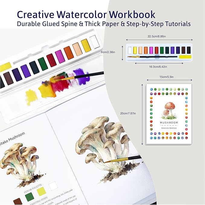 CraftyManor Watercolor Workbook Creative Insect Water Color Paint Book Set with Paints & Brush, 12 Patterns of Original DIY Designs, Beginner-Friendly Adult Coloring Books (Mushroom)