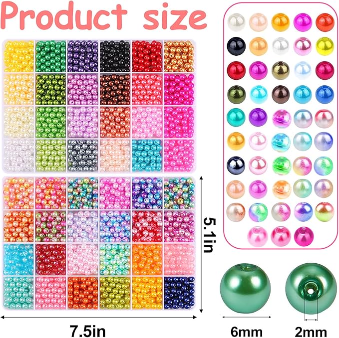 2400PCS Pearl Beads for Jewelry Making 48 Colorful 6mm Round Pearl Beads for Bracelets Making Kit Small Pearl Filler Beads for DIY Craft Necklace Earrings