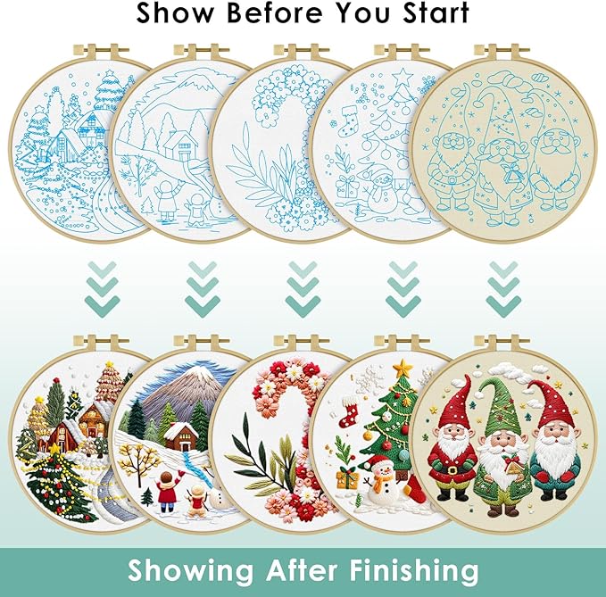 ERKOON Embroidery Kit for Beginners, 5 Sets Christmas Cross Stitch Set for Adults Include Embroidery Cloth Hoops Threads for Craft Lover Hand Stitch with Skill Techniques (Christmas#2)