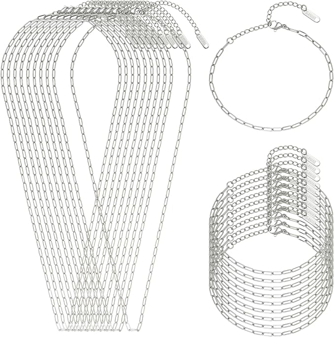 Swyabi 20 Pack Stainless Steel Paperclip Chains Link Adjustable Necklace Bracelet Bulk for Men Women DIY Bracelets Crafts