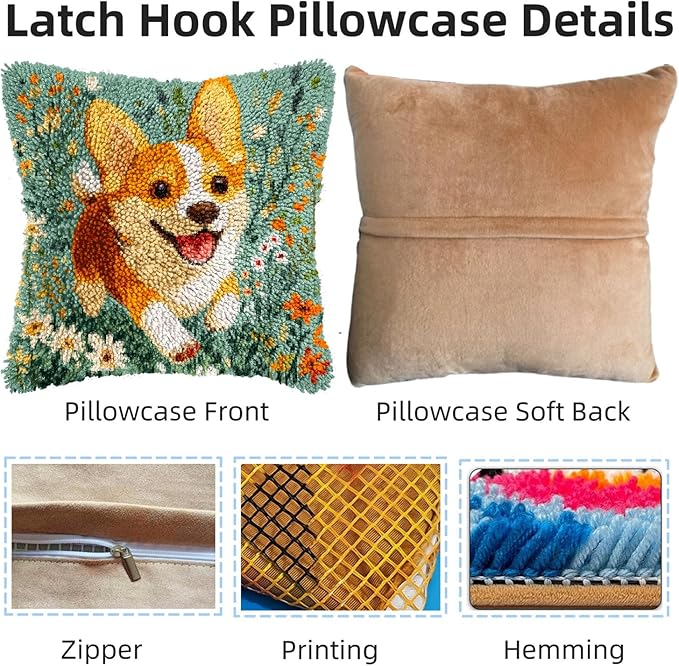 DIY Latch Hook Pillow Kits for Adults Welsh Corgi Dog Running in Flowers Printed Pillowcase Crochet Yarns Hooking Handmade Pillow Cover Cushion for Home Sofa Decoration 17x17inch-3