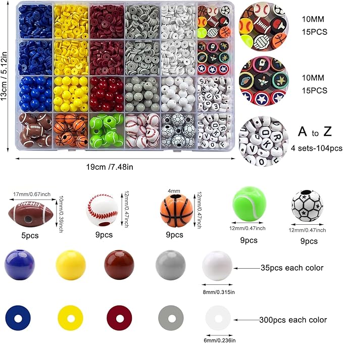 1888PCS Sports Ball Beads for Jewelry Making, Acrylic Clay Beads for Bracelets Volleyball Softball Football Baseball Basketball Soccer Bead with Letter Bead for DIY Crafts