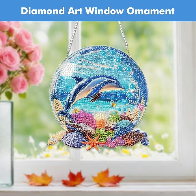 Miwixy Dolphin Hanging Diamond Art Kits for Adults,Beach Special Shaped Crystal Christmas Diamond Painting Ornament Kit DIY Double-Sided Pattern Window Pendant Gem Art Kit for Home Wall Decor