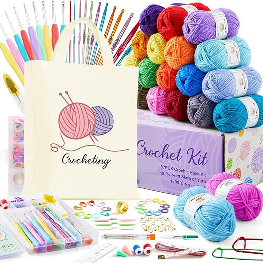 INSCRAFT Crochet Kit for Beginners Adults, 18 Large Acrylic Yarn Skeins 1800 Yards Yarn, 105 PCS Crochet Kit with Hooks Yarn Set,Includes Canvas Tote Bag, Ideal Starter Pack for Professionals