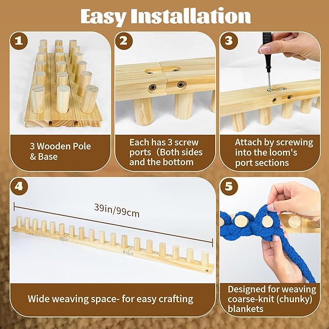 39" Chunky Knitting Blanket Loom - Adjustable Length & Portable Wooden Weaving Loom, for Making Large Blankets and Scarves