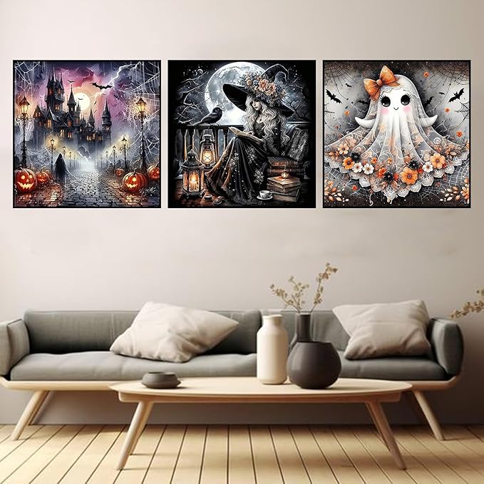 3 Pack Diamond Art Kits for Adults, Halloween Diamond Painting Kits for Adults, 5D DIY Round Drill Gem Art Paint With Diamonds Dots Crafts Kits for Home Decor Gift 14x14inch (Ghost Witch and Castle)