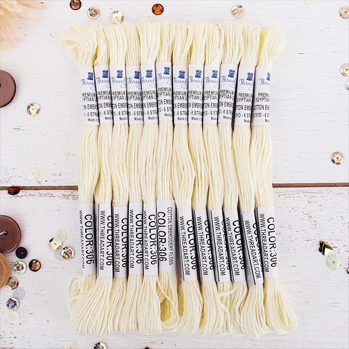 12 Skeins ThreadArt Premium Egyptian Long Fiber Cotton Embroidery Floss | Off White | 6 Strand Divisible Thread 8.75yds Each for Hand Embroidery, Friendship Bracelets, Cross Stitch and Crafts