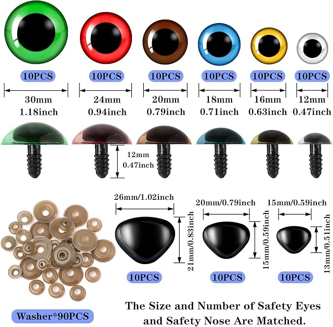 UPINS 180 Pieces 12-30 mm Large Safety Eyes and Nose with Washers for Amigurumi Stuffed Animal Eyes Plastic Craft Doll Crochet Eyes for DIY of Puppet, Bear, Toy Making Supplies (Assorted Colors)
