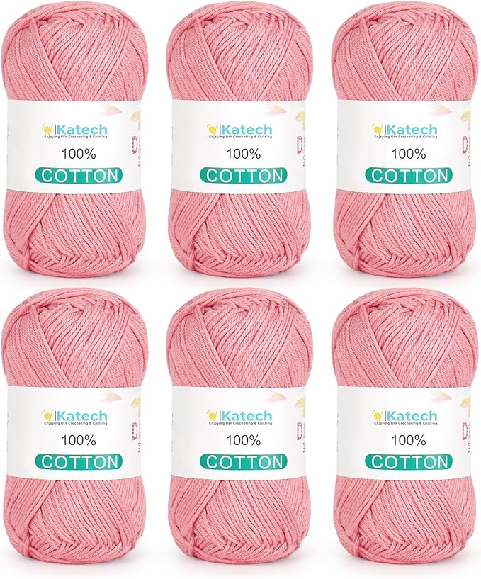 Katech Pure Cotton Yarn for Crocheting & Knitting–Soft Sport Weight CYC #2, 6 Skeins (50g Each, 300g Total), Ideal Crochet Yarn for Dishcloths, Baby Clothes, Socks, Lightweight Scarves(Nude Pink)