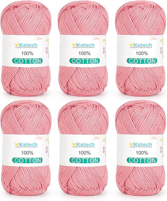 Katech Pure Cotton Yarn for Crocheting & Knitting–Soft Sport Weight CYC #2, 6 Skeins (50g Each, 300g Total), Ideal Crochet Yarn for Dishcloths, Baby Clothes, Socks, Lightweight Scarves(Nude Pink)
