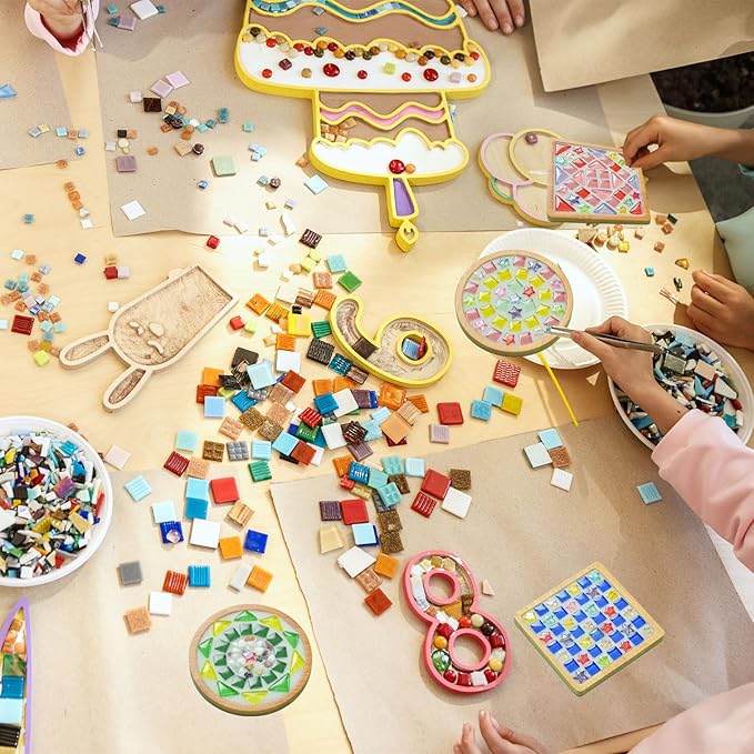 6 Sets DlY Mosaic Tiles for Crafts,Mixed Color Glass Mosaic Kits with Wooden Coaster for Adults,DlY Coasters Kit Mosaic Supplies for Handmade Home Decoration Gift (Square and Round)