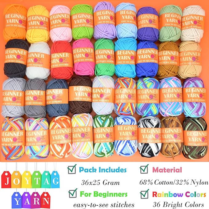 36 Pack Beginners Crochet Yarn Blue Pink Rainbow Cotton Crochet Yarn for Crocheting Knitting Beginners with Easy-to-See Stitches for Beginner Crochet Kit-36x25g（Storage Bag）