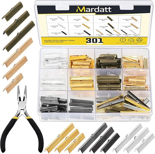301Pcs 5 Colors Metal Ribbon Clamp Ends Assortment Set with Jewellery Pliers 1.18" 1.5" 1.96" Bracelet Bookmark Bracelet Bookmark Leather Pinch Crimp Clasp Leather Cord End Jewelry Findings