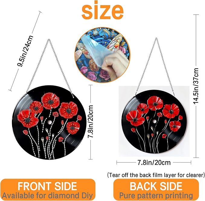 Ginfonr Diamond Painting Kits Hanging Pendant, Flowers Diamond Art Kits for Adults, Special Shaped Rhinestone Records Diamond Art, Double Sided Home Hanging Kits for Garden Wall Window (8 x 8inch)