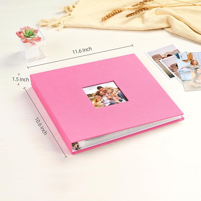 Mublalbum 10x10 Inch DIY Scrapbook Photo Album with 40 Plastic Sleeves 80 Pages Linen Cover 3 Ring Folder Binder for Wedding Baby Family and DIY Projects (Pink)