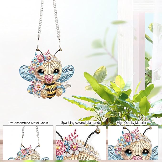 AiYuanzsh Cute Bee Diamond Painting Hanging Pendant Kit, 5D DIY Acrylic Special Shaped Rhinestones Diamond Art Hanging Ornament, Window Wall Home Decor Gift for Adults