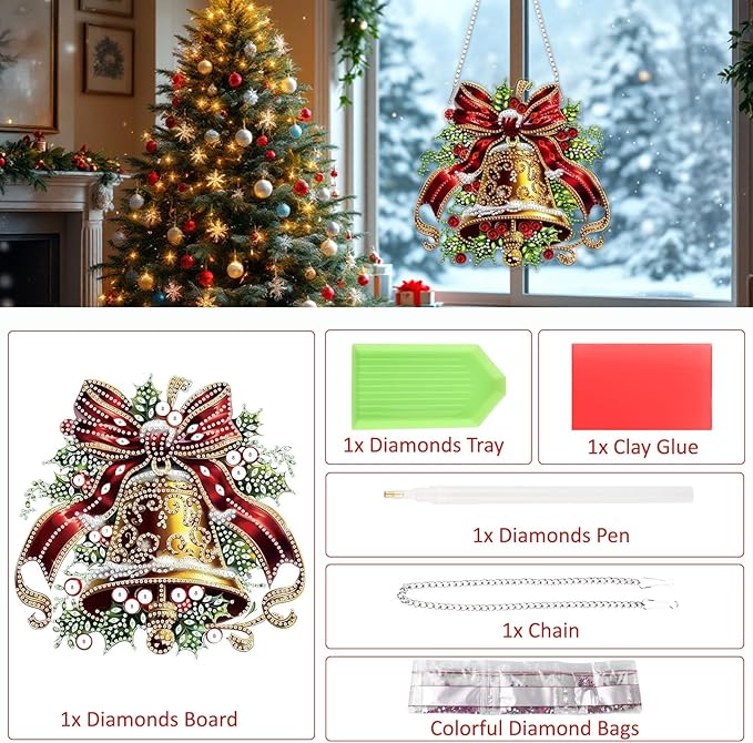 SENQAO Christmas Bell Diamond Art Hanging Kits for Adults Kids, Christmas Diamond Art Suncatchers, 5D Special Shape Diamond Painting Pendant Window Ornament Gifts for Home Garden Door Wall Decor