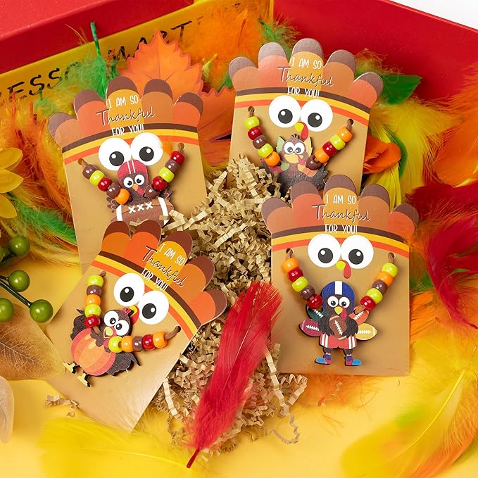 BeYumi Thanksgiving Necklace Craft Kit - 24Pcs DIY Fall Thankful Turkey Wooden Pendant Beads Necklace Making with Greeting Card Autumn Gratitude Charms Kit Home School Classroom Party Favor