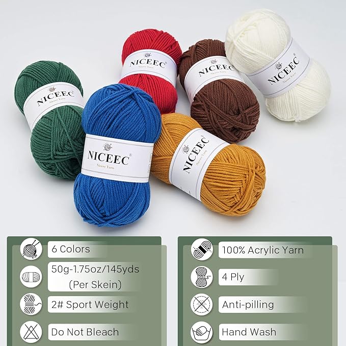 NICEEC 300g Soft Assorted Colors Yarn - Sport Weight,100% Acrylic, 4 Ply, Bonbons Yarn for Crochet & Knit, DIY Project Starter Kit for Kids or Adults(Total 870yds) - Xmas