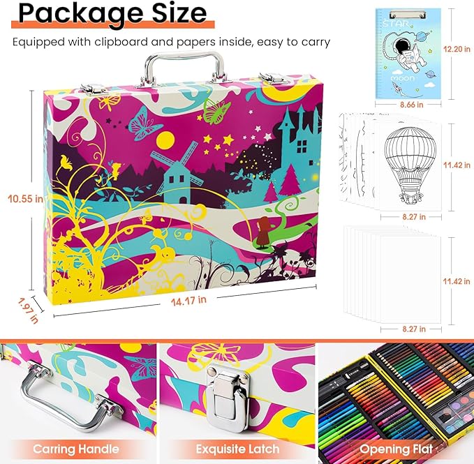 Art Supplies, 180 Pack Drawing Painting Set for Kids Girls Boys Teens, Coloring Art Kit Gift Case with Clipboard, Coloring Papers, Oil Pastels, Crayons, Colored Pencils, Watercolor Cakes, Markers