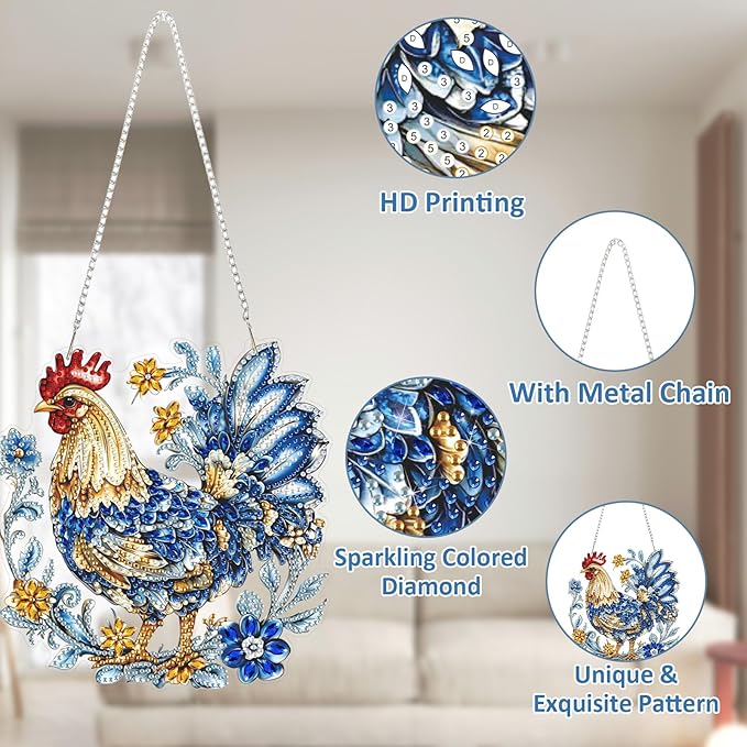 SENQAO DIY Acrylic Diamond Art Painting Chicken Kits Special Shaped Rhinestone Diamond Art Window Pendants Home Garden Wall Hanging Kits Hanging Ornament