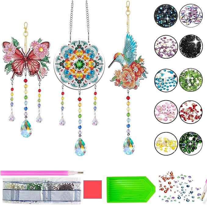 Arts and Crafts for Girls Ages 6-12, DIY Diamond Painting Kits for Kids Teens Adults, Birthday Gifts for 6 7 8 9 10 11 12 Year Old Girls, Butterfly Flower Bird Wind Chimes for Home Garden Decor