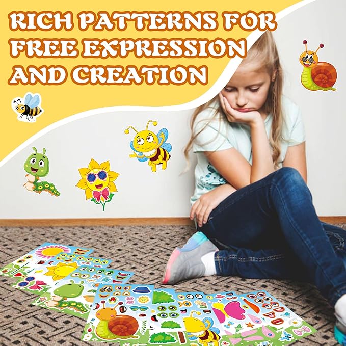 24 sheets make your own stickers for kids, insect & plant theme sticker, spring stickers with bees, butterflies, flowers for classroom rewards, birthday party favors