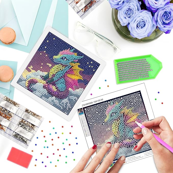 SENQAO Dragon Diamond Art Kit for Adults with Frame Art and Crafts for Adults Ages 4-6-8-12 Easy to DIY Diamond Art for Adults and Adult Beginners Home Wall Decoration 7.1x7.1inch