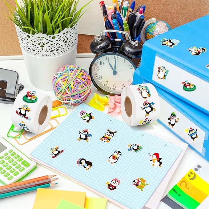 beyumi winter cute penguin sticker - 1000pcs winter penguin stickers in 2 rolls winter christmas adhesive kawaii animal decal winter holiday party favor supplies classroom office bottle decor for kids
