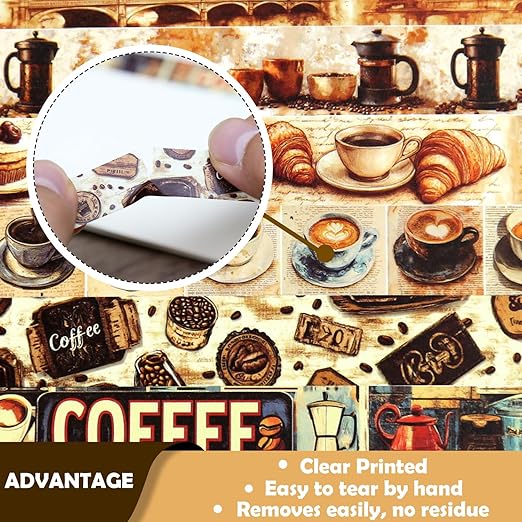 12 Rolls Washi Tape Set,Vintage Coffee Themed Decorative Tape Retro Brown Watercolor Cafe Masking Tape for Journaling Supplies,Junk Journal, Scrapbooking,Planner,DIY Arts & Crafts Supplies